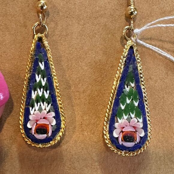 Stunning Italian Florentine micro mosaic dangle/drop earrings! - Picture 3 of 15